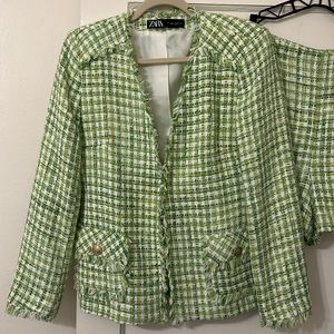 Zara Green Tweed Gingham Blazer